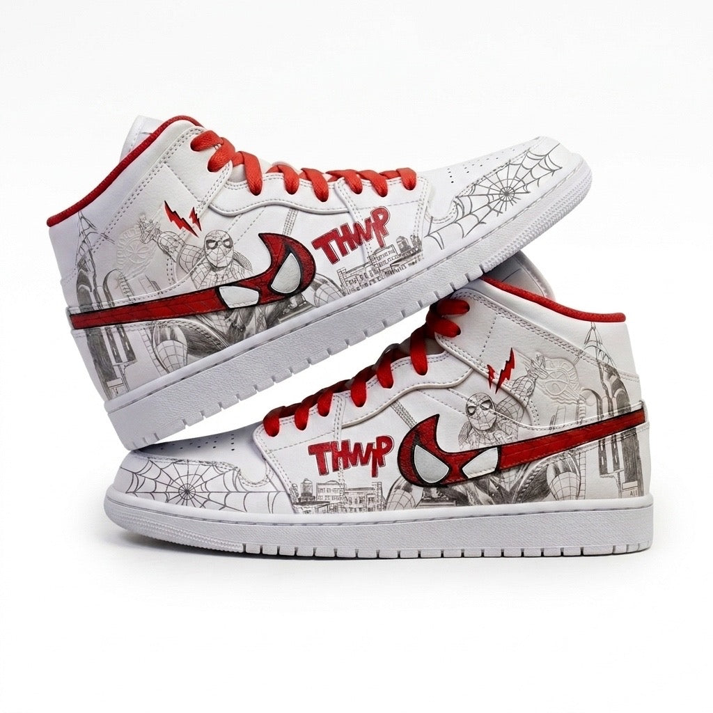 A pair of white high-top sneakers featuring a Spider-Man themed graphic print with red and black details, red laces, and the word 'THWP' printed on the side.