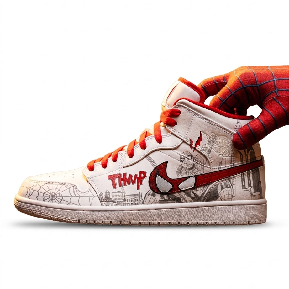 A Spider-Man themed high-top sneaker with white leather panels, red and orange laces, comic-style web illustrations, and a red Swoosh. A hand in a Spider-Man glove is pulling the heel out of the shoe, set against a plain white background.