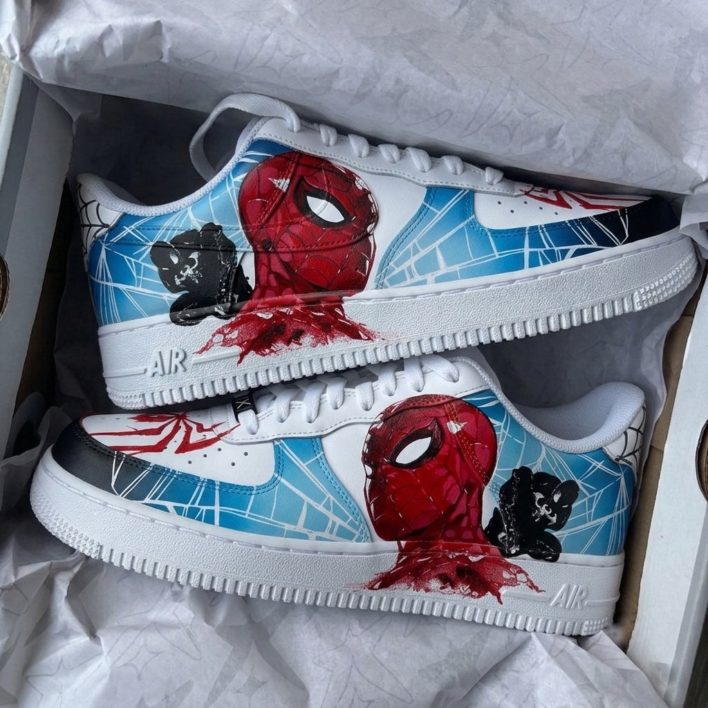 Spider-Man x Nike Air Force 1 custom sneakers featuring hand-painted Marvel Spider-Man artwork with blue web graphics on authentic Nike Air Force 1 sneakers by Knickgasm.