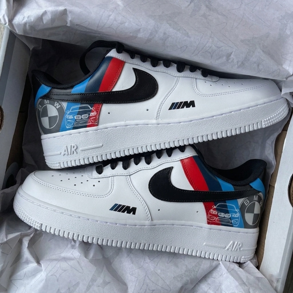 BMW M3 x Nike Air Force 1 custom sneakers featuring BMW M colours, roundel graphics and automotive-inspired artwork.
