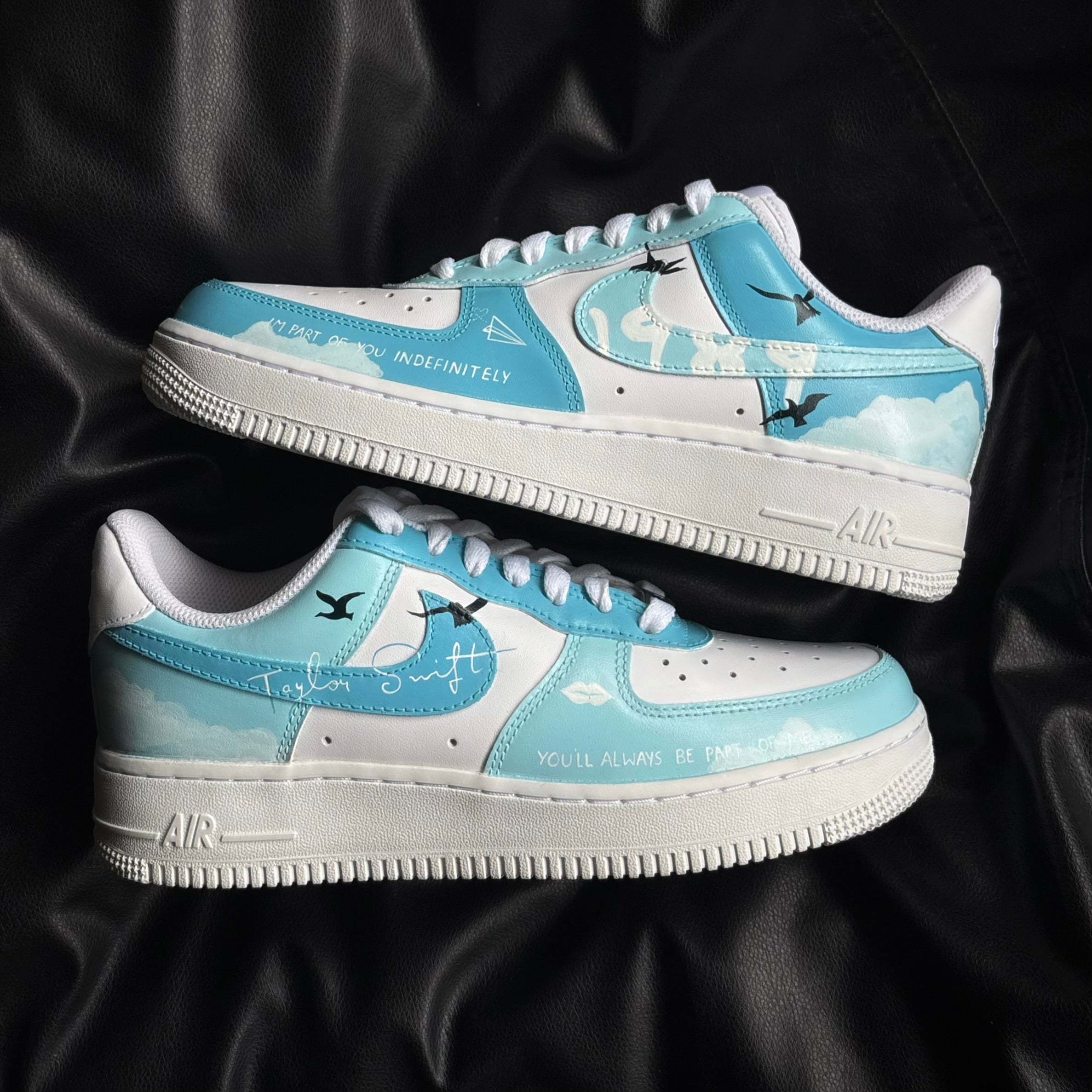 Taylor Swift 1989 Taylor’s Version x Nike Air Force 1 custom sneakers with blue clouds, seagulls and hand-painted album-inspired artwork.