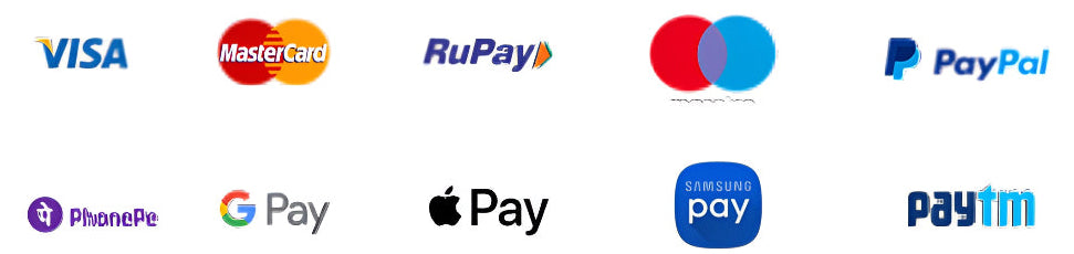 Logos of various payment methods including Visa, Mastercard, RuPay, Mastercard, PayPal, PhonePe, Google Pay, Apple Pay, Samsung Pay, and Paytm on a white background.